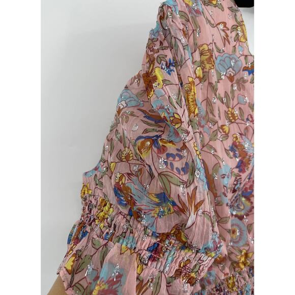 Walter Baker Floral Fitted Smocked Waist Ruffle Pink Primrose Chiffon Dress NEW - Picture 13 of 15